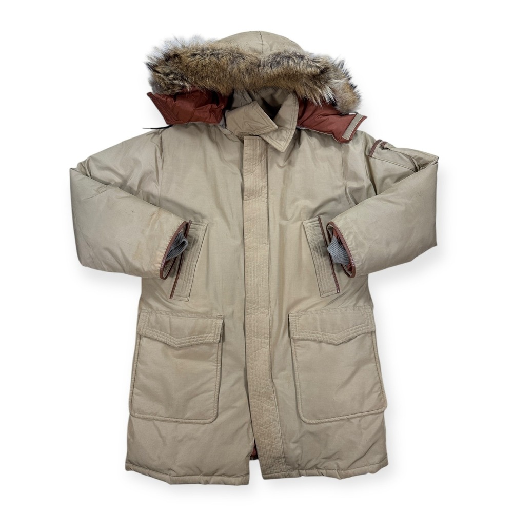 VTG Sears Jacket Men's 40 Beige‎ Insulated Faux Fur Trim Quilted Goose Down Coat